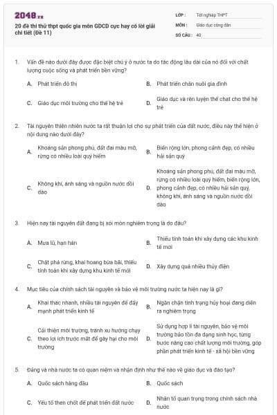 20 đề thi thử thpt quốc gia môn GDCD cực hay có lời giải chi tiết (Đề 11)