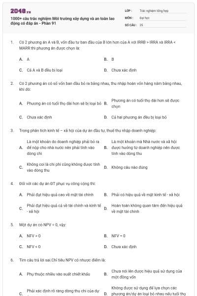 1000+ câu trắc nghiệm Môi trường xây dựng và an toàn lao động có đáp án - Phần 91