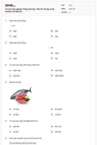 10 câu Trắc nghiệm Tiếng Việt lớp 1 Bài 20: Ôn tập và kể chuyện (có đáp án)