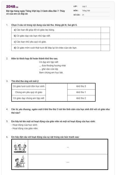 Bài tập hàng ngày Tiếng Việt lớp 2 Cánh diều Bài 7: Thầy cô của em có đáp án