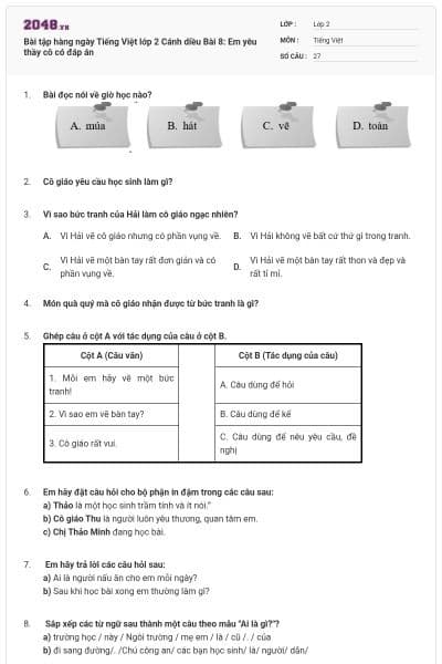 Bài tập hàng ngày Tiếng Việt lớp 2 Cánh diều Bài 8: Em yêu thầy cô có đáp án