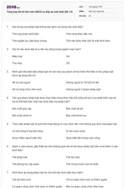 Tổng hợp đề thi thử môn GDCD có đáp án mới nhất (Đề 14)