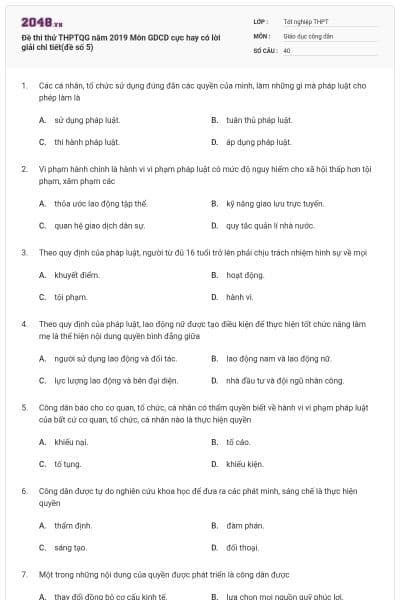 Đề thi thử THPTQG năm 2019 Môn GDCD cực hay có lời giải chi tiết(đề số 5)