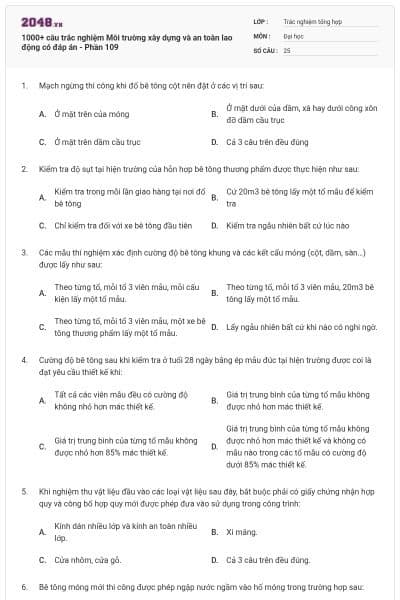 1000+ câu trắc nghiệm Môi trường xây dựng và an toàn lao động có đáp án - Phần 109