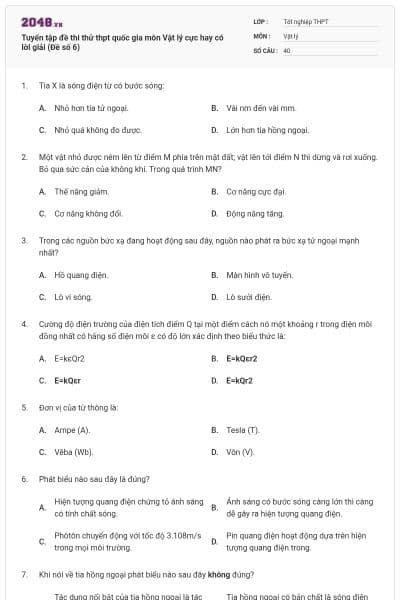 Tuyển tập đề thi thử thpt quốc gia môn Vật lý cực hay có lời giải (Đề số 6)