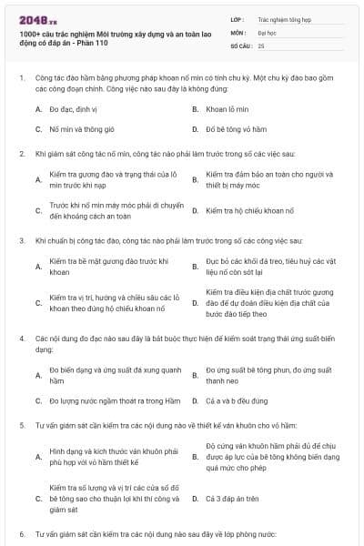 1000+ câu trắc nghiệm Môi trường xây dựng và an toàn lao động có đáp án - Phần 110