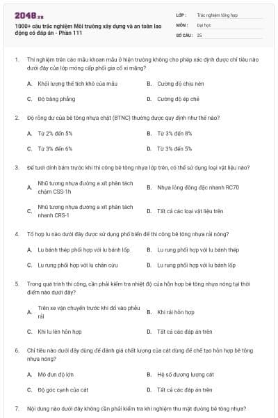 1000+ câu trắc nghiệm Môi trường xây dựng và an toàn lao động có đáp án - Phần 111