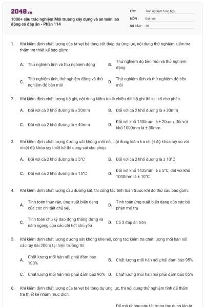 1000+ câu trắc nghiệm Môi trường xây dựng và an toàn lao động có đáp án - Phần 114