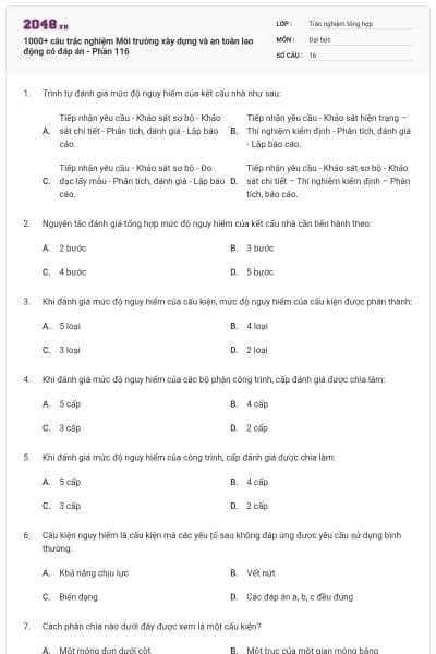 1000+ câu trắc nghiệm Môi trường xây dựng và an toàn lao động có đáp án - Phần 116
