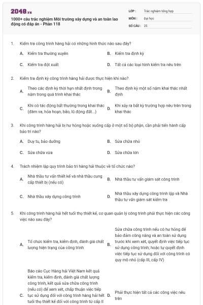 1000+ câu trắc nghiệm Môi trường xây dựng và an toàn lao động có đáp án - Phần 118