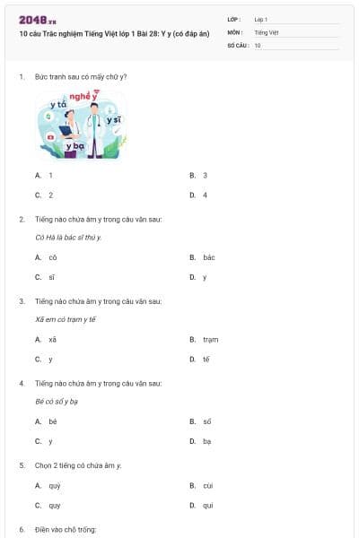 10 câu Trắc nghiệm Tiếng Việt lớp 1 Bài 28: Y y (có đáp án)