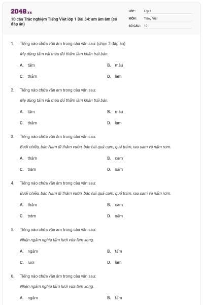 10 câu Trắc nghiệm Tiếng Việt lớp 1 Bài 34: am ăm âm (có đáp án)