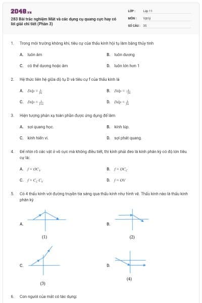 283 Bài trắc nghiệm Mắt và các dụng cụ quang cực hay có lời giải chi tiết (Phần 3)