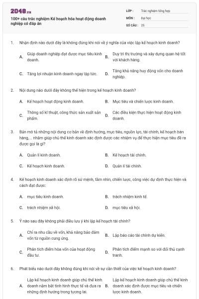100+ câu trắc nghiệm Kế hoạch hóa hoạt động doanh nghiệp có đáp án