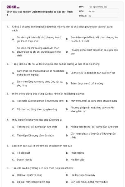 200+ câu trắc nghiệm Quản trị công nghệ có đáp án - Phần 5