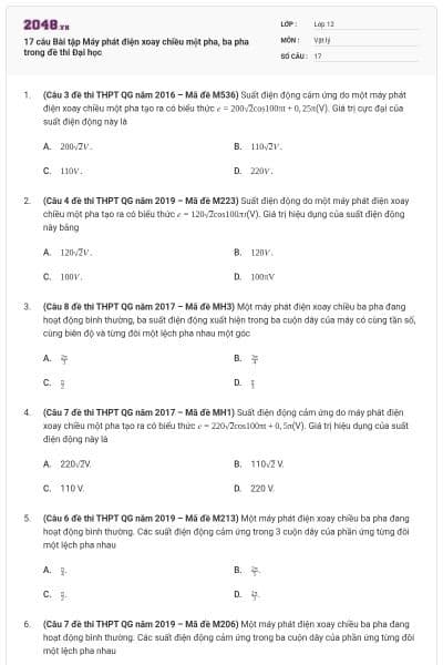 17 câu Bài tập Máy phát điện xoay chiều một pha, ba pha trong đề thi Đại học