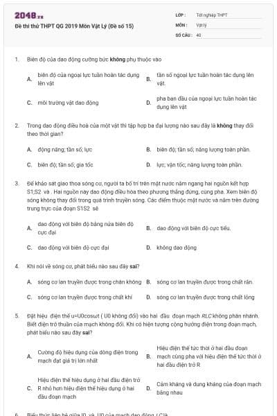 Đề thi thử THPT QG 2019 Môn Vật Lý (Đề số 15)