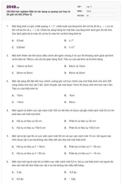 283 Bài trắc nghiệm Mắt và các dụng cụ quang cực hay có lời giải chi tiết (Phần 5)