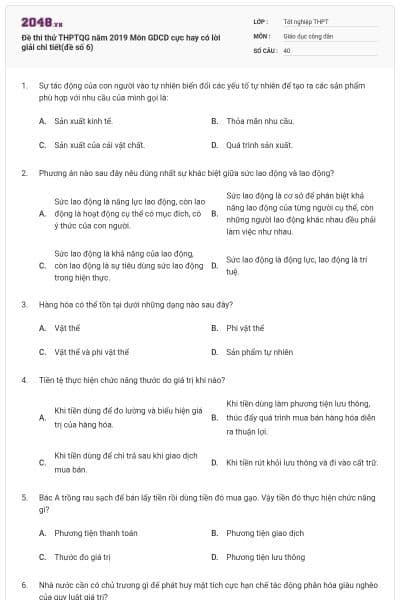 Đề thi thử THPTQG năm 2019 Môn GDCD cực hay có lời giải chi tiết(đề số 6)