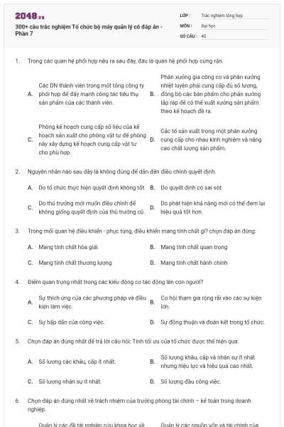 300+ câu trắc nghiệm Tổ chức bộ máy quản lý có đáp án - Phần 7