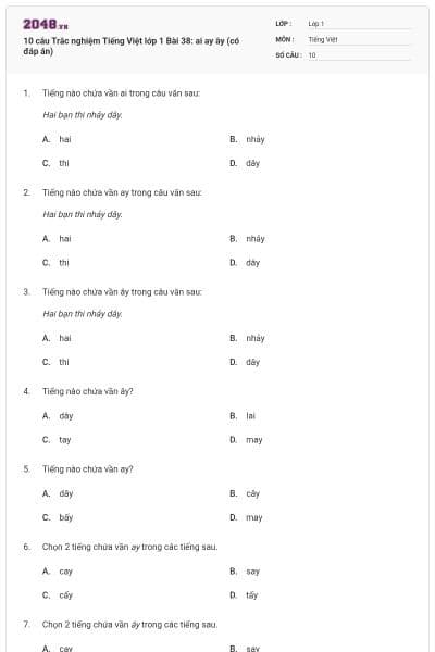 10 câu Trắc nghiệm Tiếng Việt lớp 1 Bài 38: ai ay ây (có đáp án)