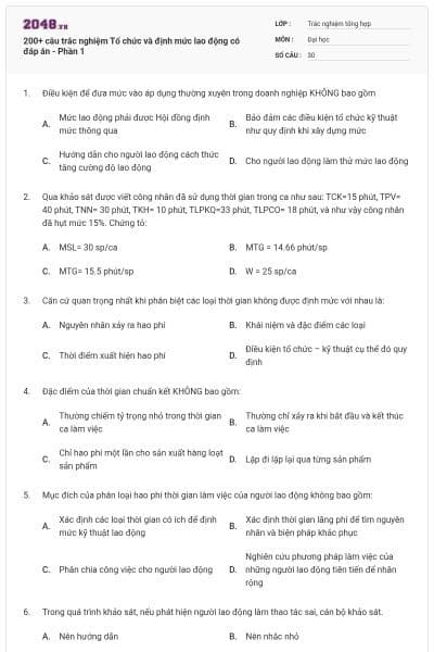 200+ câu trắc nghiệm Tổ chức và định mức lao động có đáp án - Phần 1