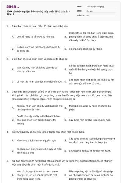 300+ câu trắc nghiệm Tổ chức bộ máy quản lý có đáp án - Phần 2