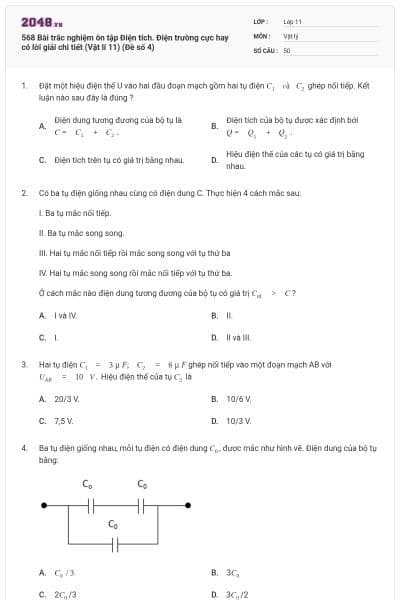 568 Bài trắc nghiệm ôn tập Điện tích. Điện trường cực hay có lời giải chi tiết (Vật lí 11) (Đề số 4)