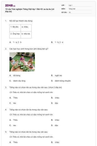 10 câu Trắc nghiệm Tiếng Việt lớp 1 Bài 43: au âu êu (có đáp án)