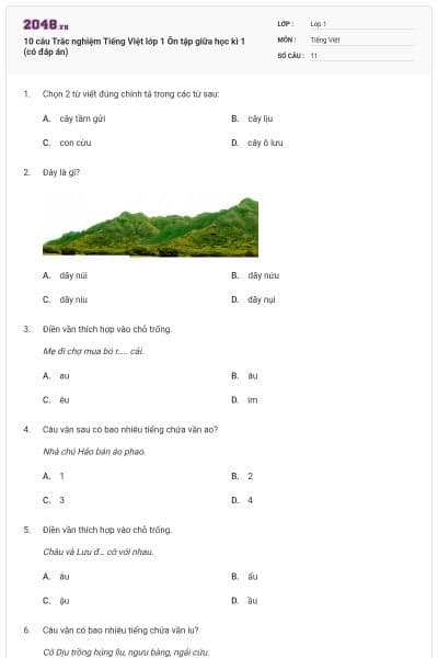 10 câu Trắc nghiệm Tiếng Việt lớp 1 Ôn tập giữa học kì 1 (có đáp án)