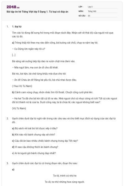 Bài tập ôn hè Tiếng Việt lớp 5 Dạng 1. Từ loại có đáp án