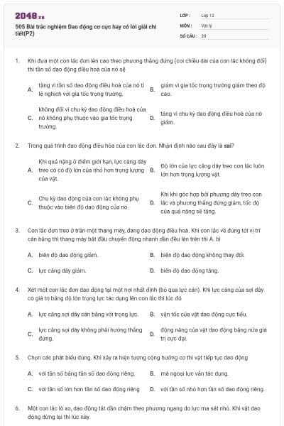 505 Bài trắc nghiệm Dao động cơ cực hay có lời giải chi tiết(P2)