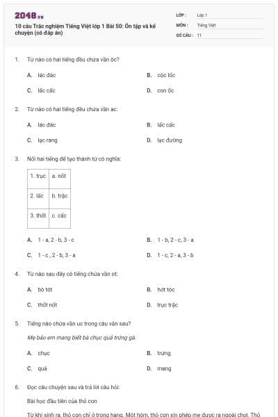 10 câu Trắc nghiệm Tiếng Việt lớp 1 Bài 50: Ôn tập và kể chuyện (có đáp án)