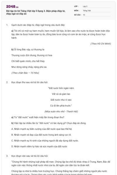 Bài tập ôn hè Tiếng Việt lớp 5 Dạng 3. Biện pháp điệp từ, điệp ngữ có đáp án