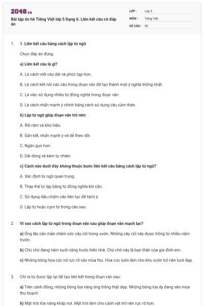 Bài tập ôn hè Tiếng Việt lớp 5 Dạng 6. Liên kết câu có đáp án