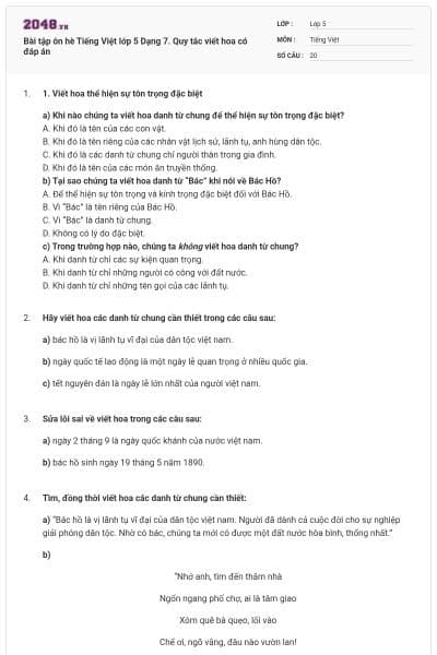 Bài tập ôn hè Tiếng Việt lớp 5 Dạng 7. Quy tắc viết hoa có đáp án