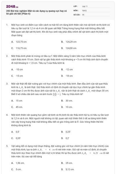 283 Bài trắc nghiệm Mắt và các dụng cụ quang cực hay có lời giải chi tiết (Phần 6)