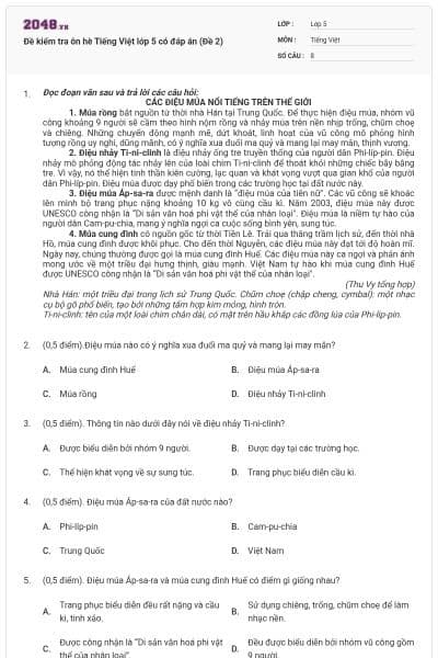 Đề kiểm tra ôn hè Tiếng Việt lớp 5 có đáp án (Đề 2)