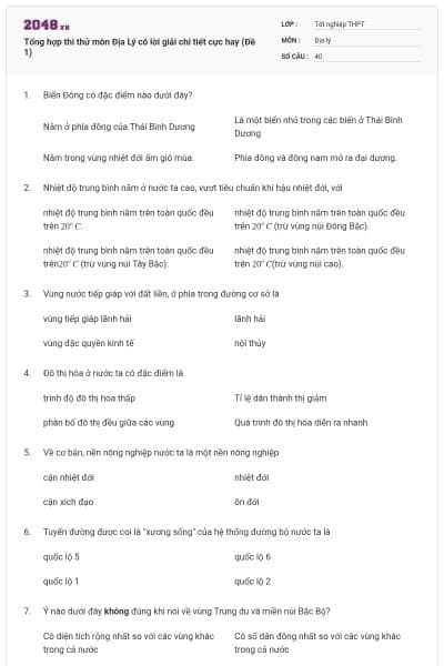 Tổng hợp thi thử môn Địa Lý có lời giải chi tiết cực hay (Đề 1)