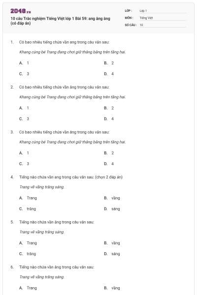 10 câu Trắc nghiệm Tiếng Việt lớp 1 Bài 59: ang ăng âng (có đáp án)