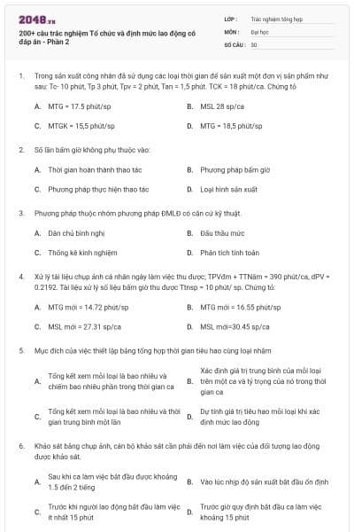 200+ câu trắc nghiệm Tổ chức và định mức lao động có đáp án - Phần 2