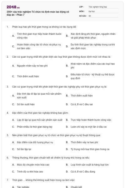 200+ câu trắc nghiệm Tổ chức và định mức lao động có đáp án - Phần 7