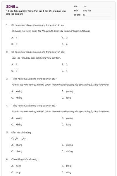 10 câu Trắc nghiệm Tiếng Việt lớp 1 Bài 61: ong ông ung ưng (có đáp án)
