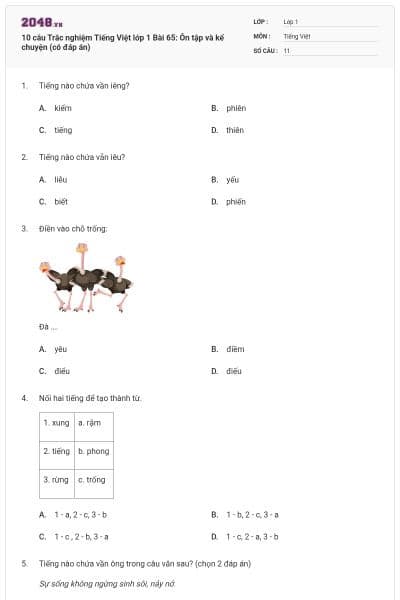 10 câu Trắc nghiệm Tiếng Việt lớp 1 Bài 65: Ôn tập và kể chuyện (có đáp án)