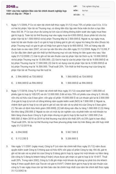 100+ câu trắc nghiệm Báo cáo tài chính doanh nghiệp hợp nhất có đáp án - Phần 1