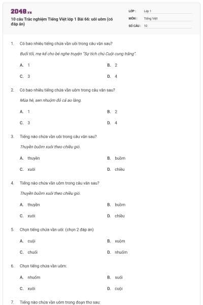 10 câu Trắc nghiệm Tiếng Việt lớp 1 Bài 66: uôi uôm (có đáp án)