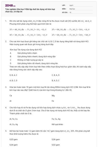 Trắc nghiệm Hóa học 9 Bài tập Axit tác dụng với kim loại chọn lọc, có đáp án