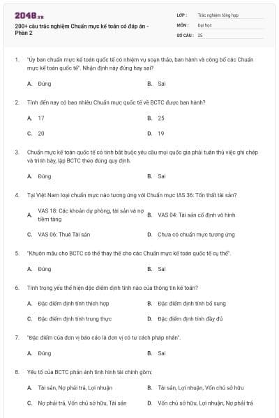 200+ câu trắc nghiệm Chuẩn mực kế toán có đáp án - Phần 2
