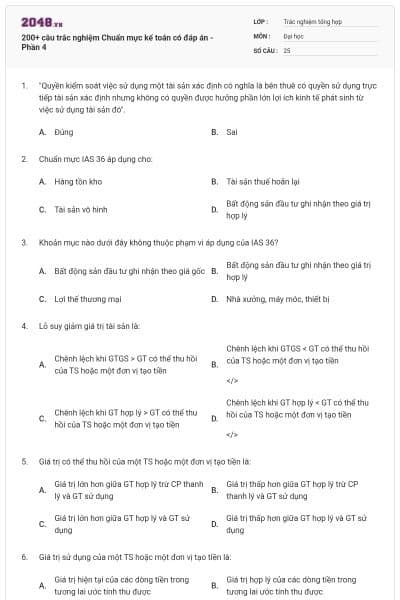 200+ câu trắc nghiệm Chuẩn mực kế toán có đáp án - Phần 4