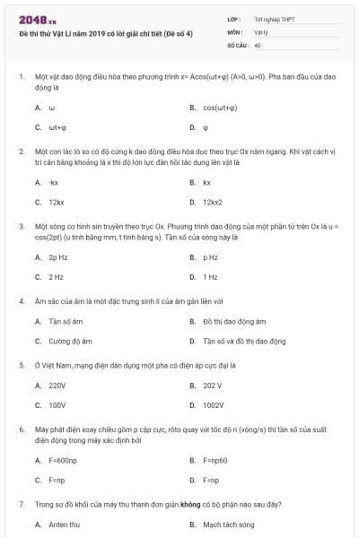 Đề thi thử Vật Lí năm 2019 có lời giải chi tiết (Đề số 4)